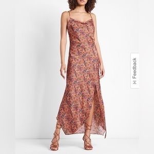 EXPRESS Printed Satin Cowl Neck Asymmetrical Hemi Maxi Slip Dress - Medium